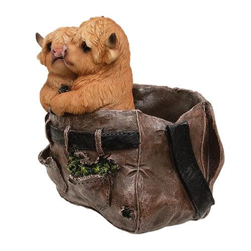 Cute Baby Highland Cow Duo in Overalls Planter
