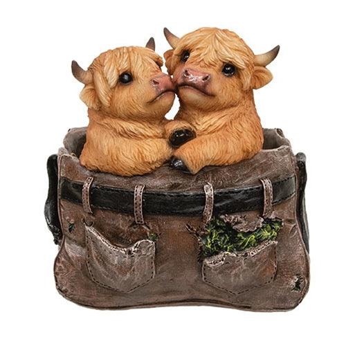 Cute Baby Highland Cow Duo in Overalls Planter