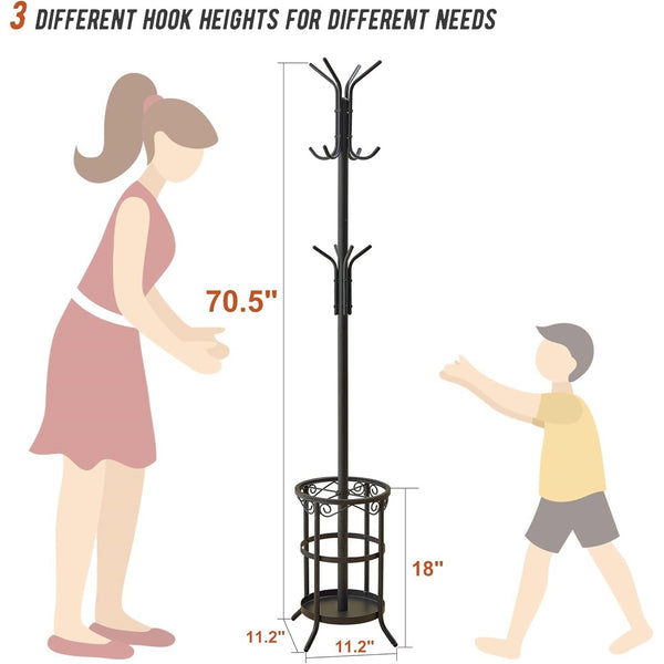 Black Metal Entryway Coat Rack Hall Tree with Umbrella Stand