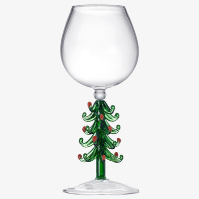 Crystal Christmas Holiday Tree Stemmed Wine Glass - Green - 10 oz Goblet Bordeaux Red & Forest Colored Glassware, Cheerful Party Festive New Years Cheer for Holiday Gift Xmas & Winter Season