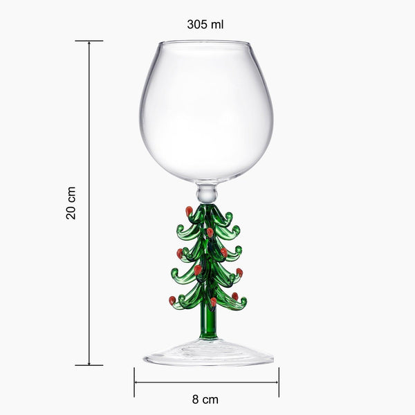 Crystal Green Christmas Tree Wine Glasses - Set of 2, 10oz Goblets for Holiday Parties and New Year's