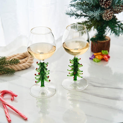 Crystal Christmas Holiday Tree Stemmed Wine Glass - Green - 10 oz Goblet Bordeaux Red & Forest Colored Glassware, Cheerful Party Festive New Years Cheer for Holiday Gift Xmas & Winter Season