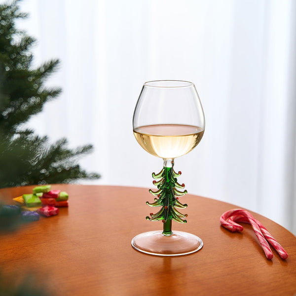 Crystal Green Christmas Tree Wine Glasses - Set of 2, 10oz Goblets for Holiday Parties and New Year's