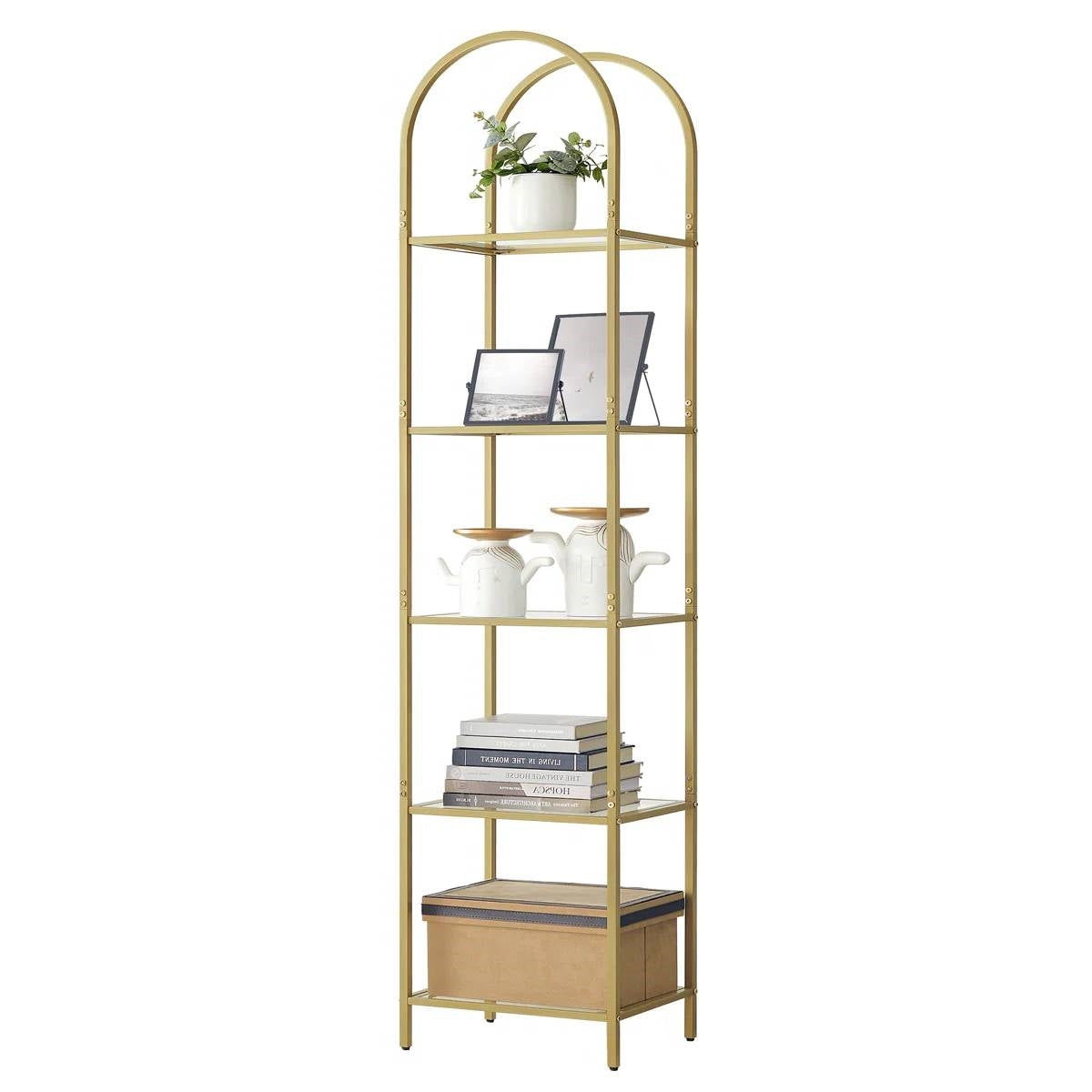 Arched Top Gold Metal Display Rack Narrow Bookcase with 5 Glass Storage Shelves
