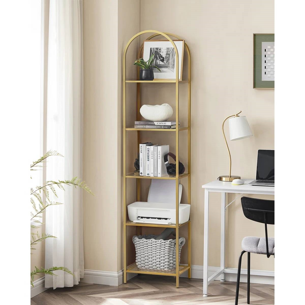 Arched Top Gold Metal Display Rack Narrow Bookcase with 5 Glass Storage Shelves