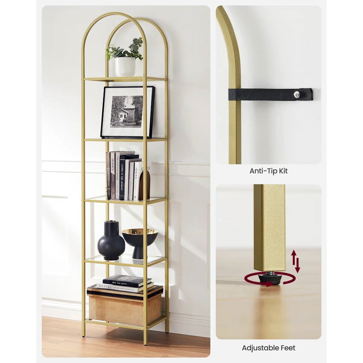 Arched Top Gold Metal Display Rack Narrow Bookcase with 5 Glass Storage Shelves