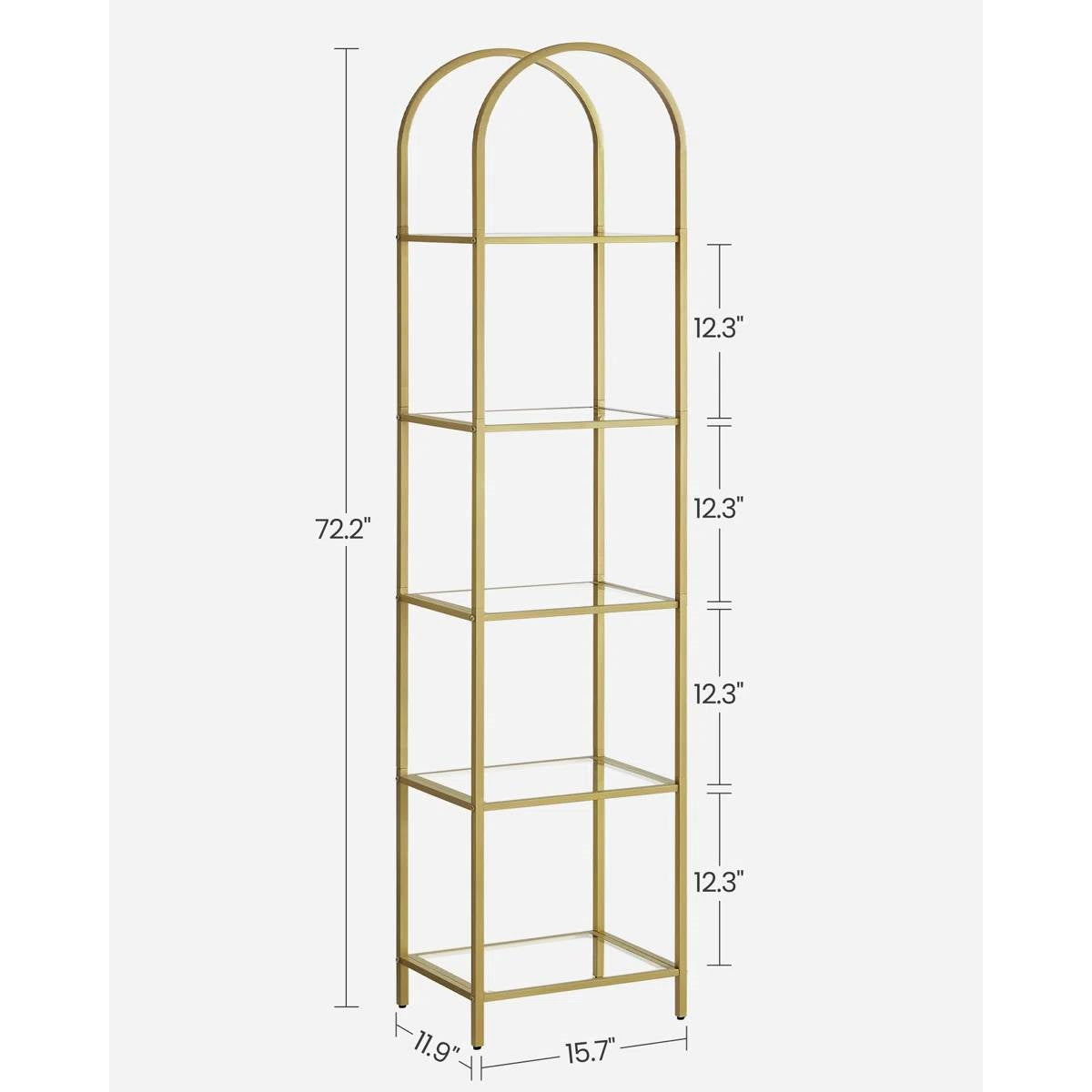 Arched Top Gold Metal Display Rack Narrow Bookcase with 5 Glass Storage Shelves