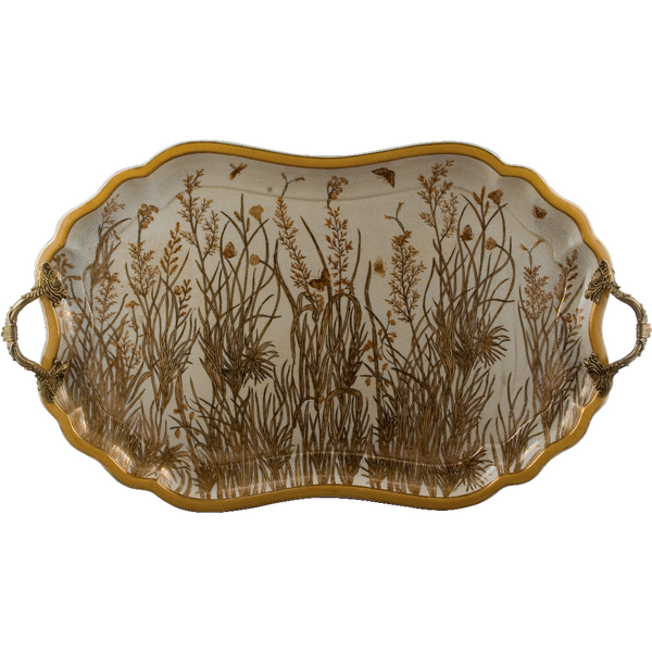 GOLD DUSK PORCELAIN TRAY WITH BRONZE ORMOLU HANDLES