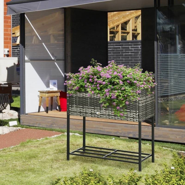 Grey Modern PE Rattan Wicker Raised Garden Bed Elevated Planter Box