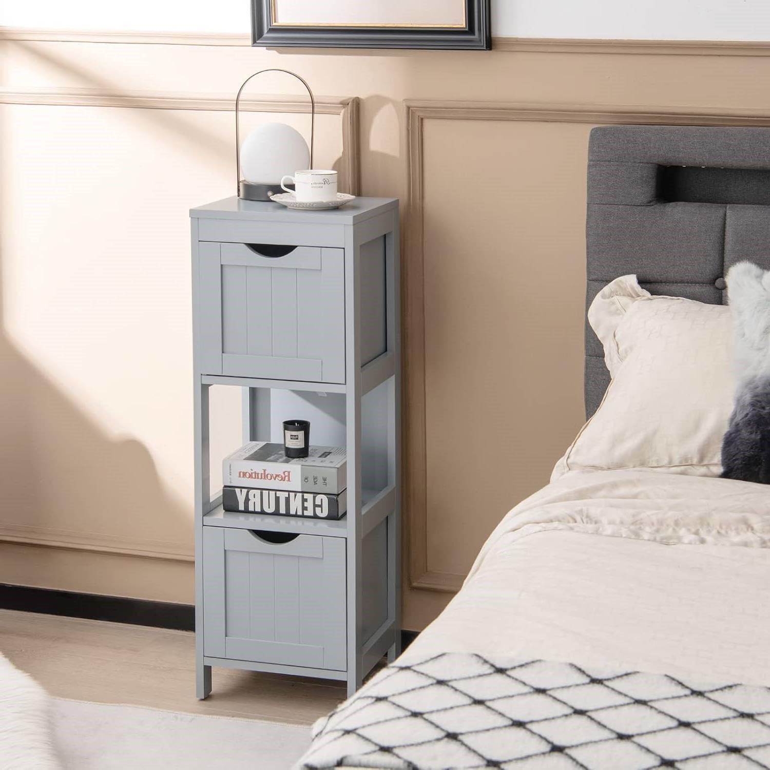 Modern Farmhouse 2-Drawer Bathroom Floor Cabinet with Shelf in Grey Wood Finish