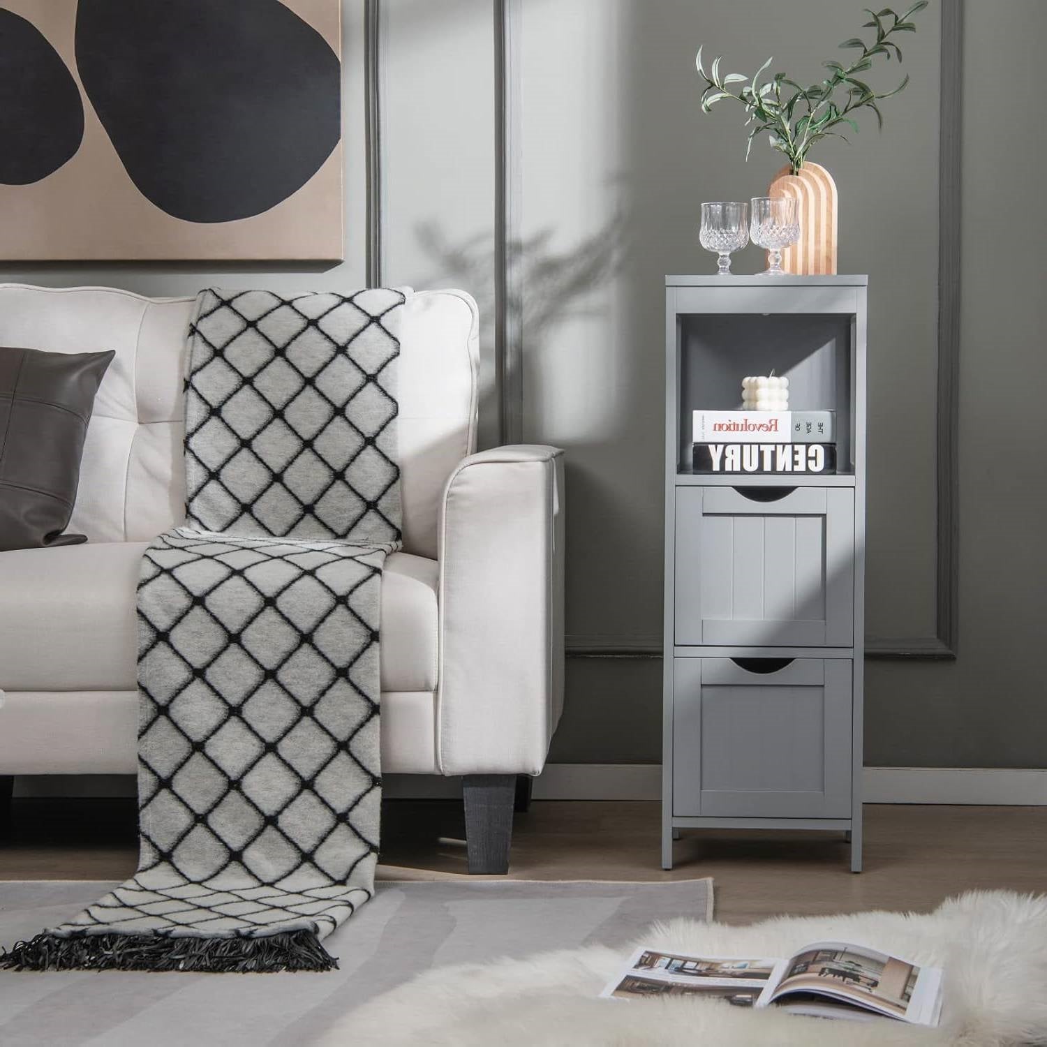 Modern Farmhouse 2-Drawer Bathroom Floor Cabinet with Shelf in Grey Wood Finish