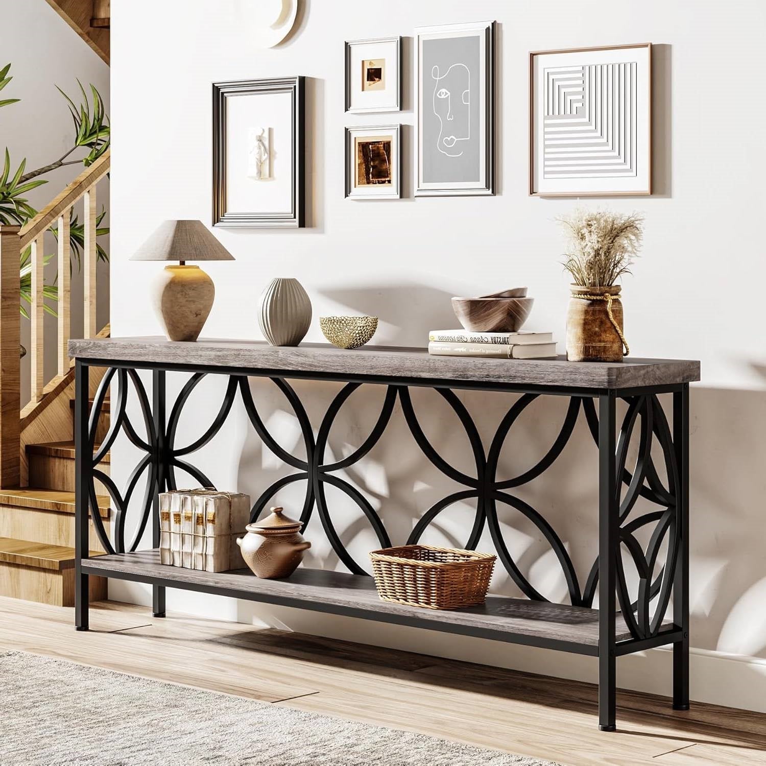Modern 70-inch Long Narrow Foyer Entryway Table with Grey Wood Top and Shelf
