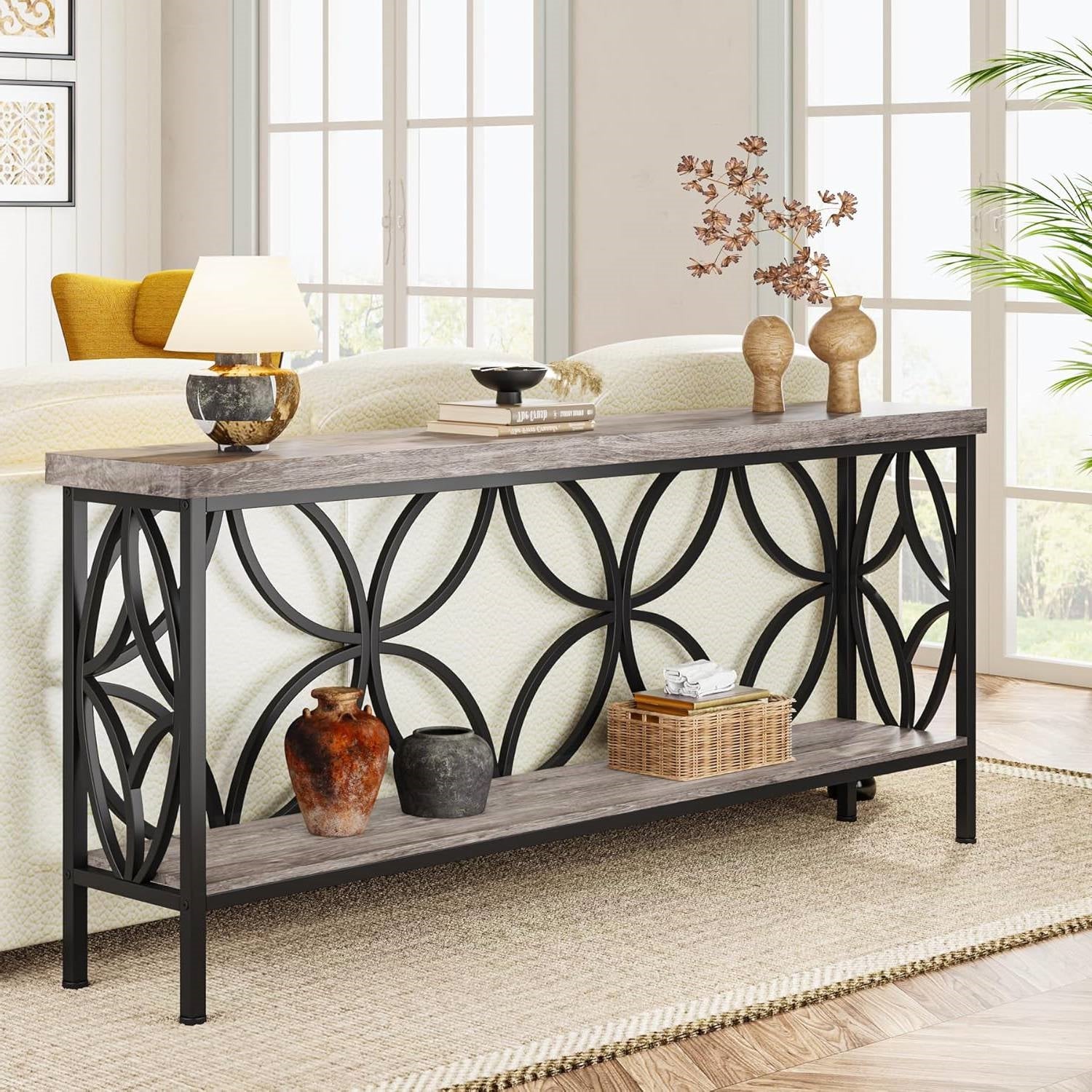 Modern 70-inch Long Narrow Foyer Entryway Table with Grey Wood Top and Shelf