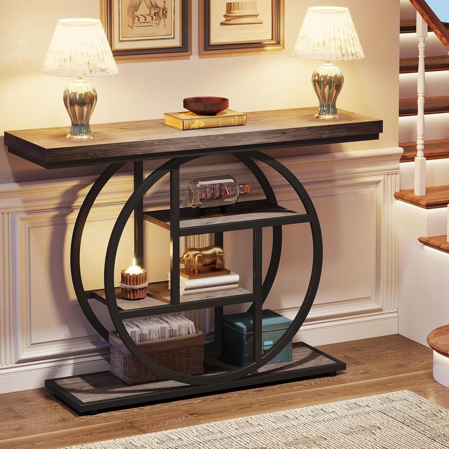 Modern 41-inch Wide Narrow Entryway Console Table with Grey Wood Finish Shelves