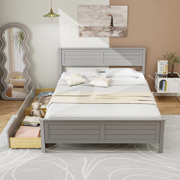 Full Size Grey Platform Bed Frame with 2 Storage Drawers