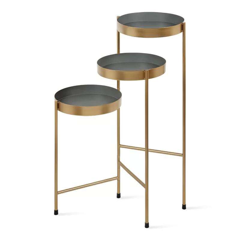 Modern Gold Grey Metal 3-Tier Flower Pot Plant Stand