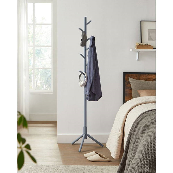 Space Saving Solid Wood Coat Rack in Grey Finish with 8 Hooks