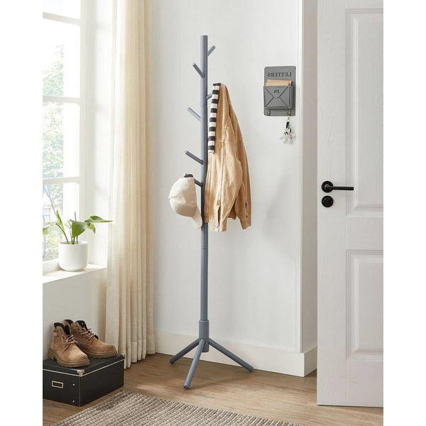 Space Saving Solid Wood Coat Rack in Grey Finish with 8 Hooks