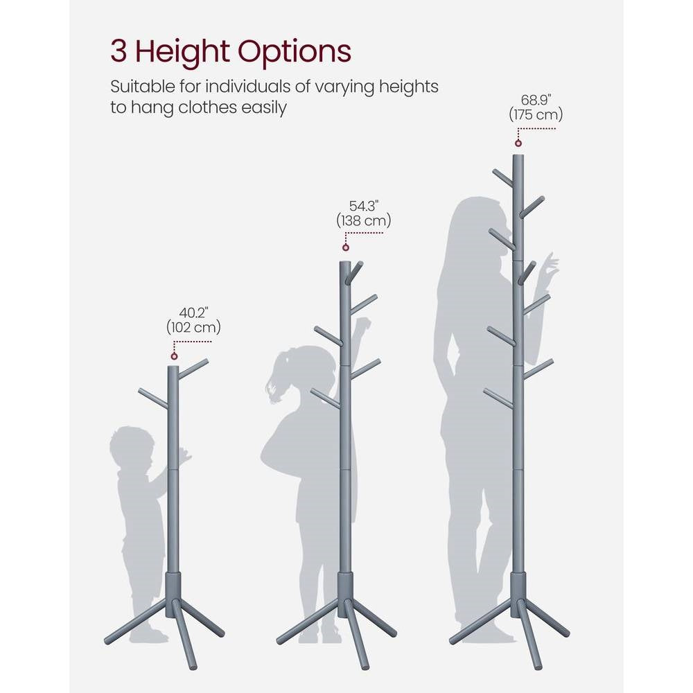 Space Saving Solid Wood Coat Rack in Grey Finish with 8 Hooks