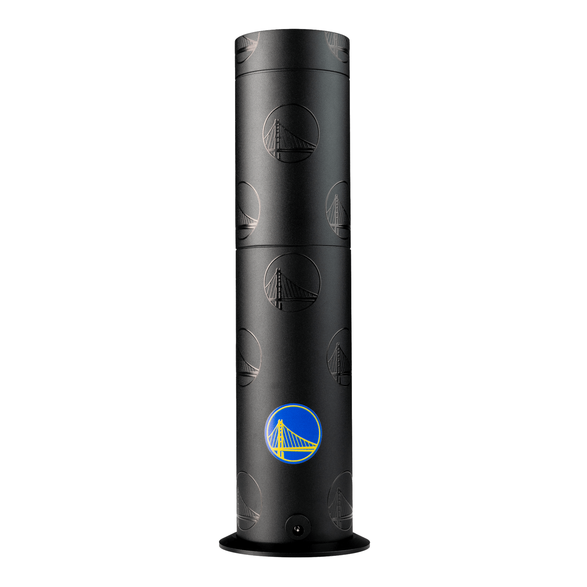Black cylindrical container with Golden State Warriors logo on a white background