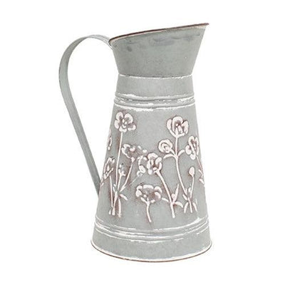 Washed Blue Metal Water Pitcher with Embossed Floral Design