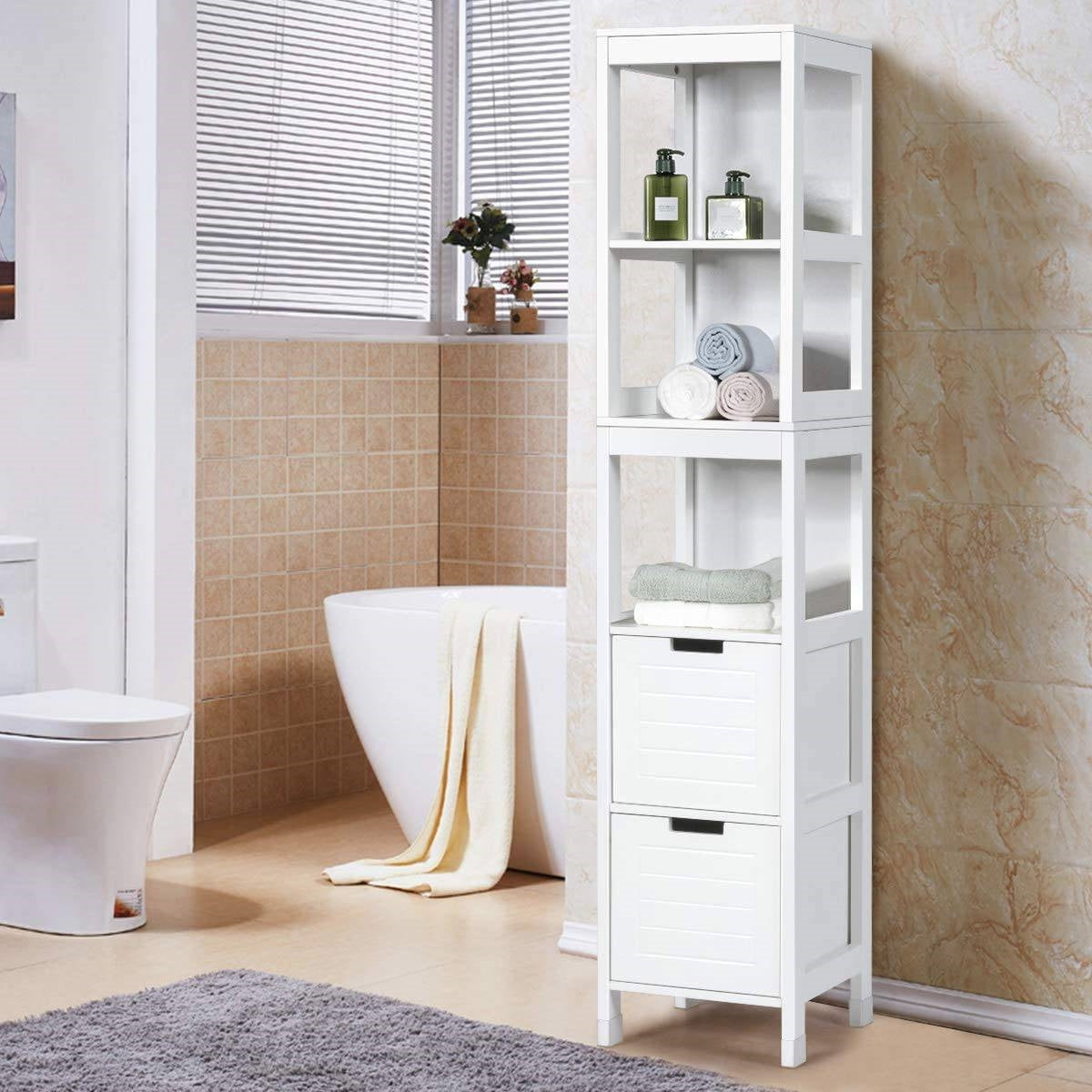 Bathroom Cabinet Tower with 2 Storage Drawers and 3 Shelves in White Wood Finish