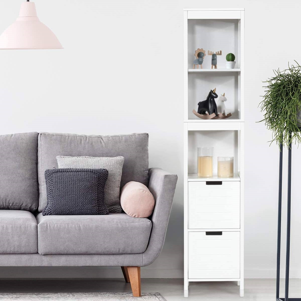 Bathroom Cabinet Tower with 2 Storage Drawers and 3 Shelves in White Wood Finish