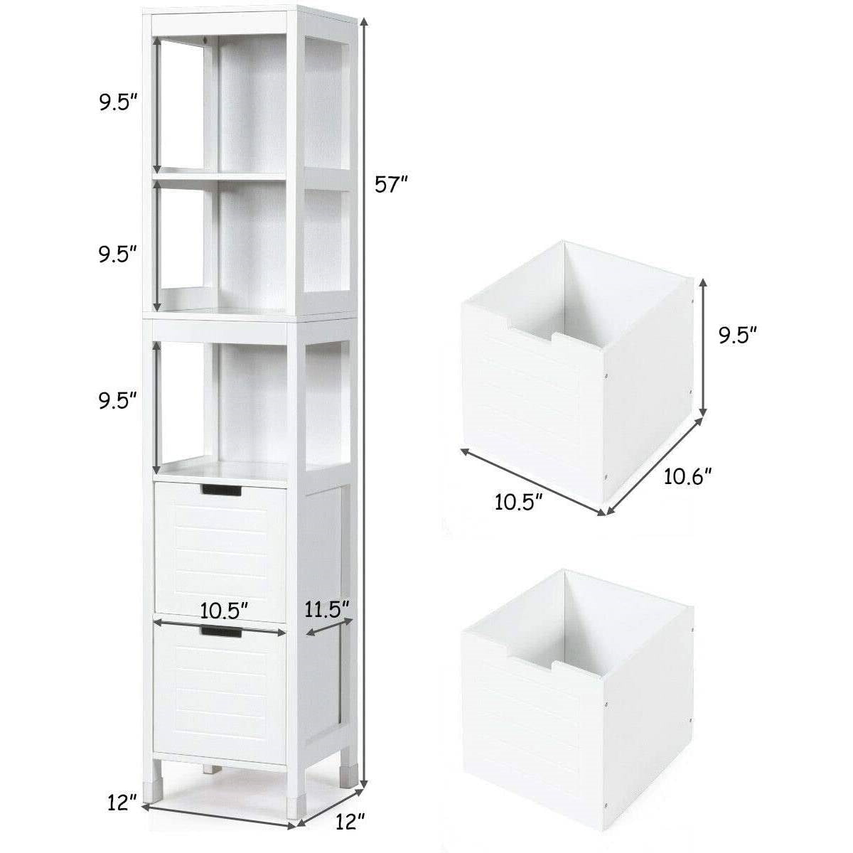 Bathroom Cabinet Tower with 2 Storage Drawers and 3 Shelves in White Wood Finish