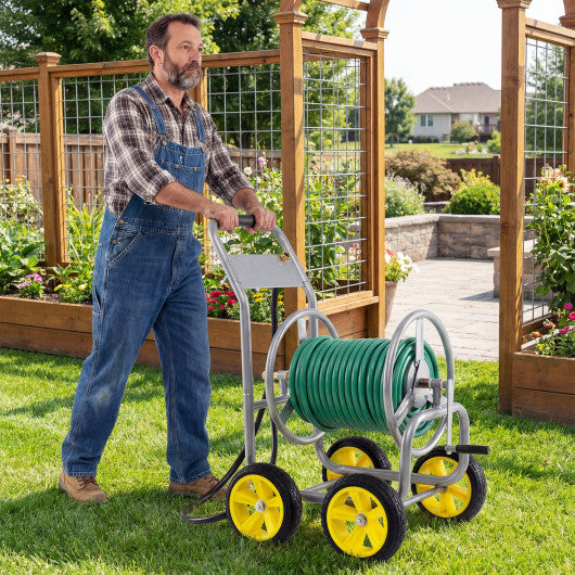 Garden Hose Reel Cart 4 Wheels Heavy-Duty Metal Water Hose Organizer Portable-Silver