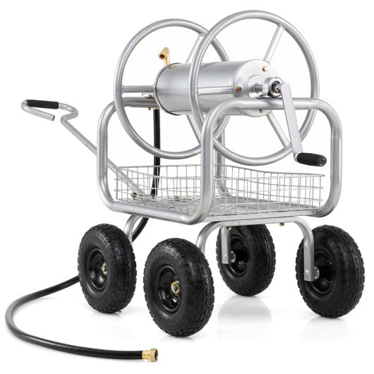 Garden Hose Reel Cart 300 Feet Large Capacity with 4 Wheels and Storage Basket-Silver
