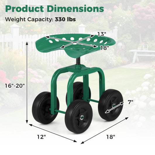 Garden Rolling Workseat with 360°Swivel Seat and Adjustable Height-Green