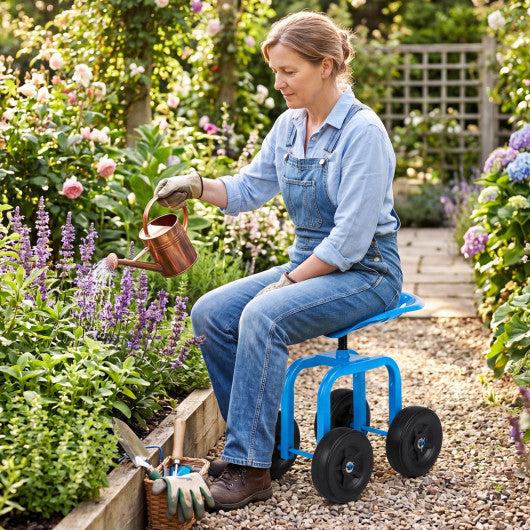 Garden Rolling Workseat with 360° Swivel Seat and Adjustable Height-Blue