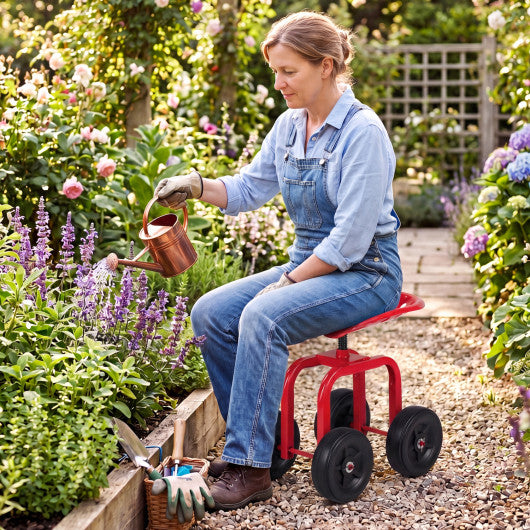Garden Rolling Workseat with 360° Swivel Seat and Adjustable Height-Red