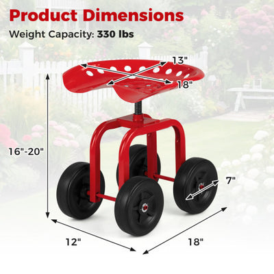 Garden Rolling Workseat with 360° Swivel Seat and Adjustable Height-Red