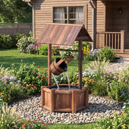 Garden Rustic Wishing Well Wooden Water Fountain with Pump