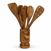 Olive Wood Kitchen Servers Set w/Holder -6 Pcs