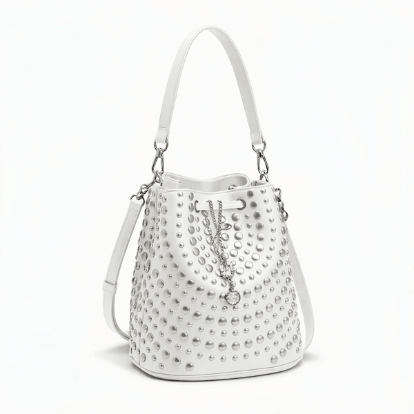Women’s Studded Rhinestone Bucket Bag with Pearl Charm - Punk Rock Drawstring Leather Shoulder Bag