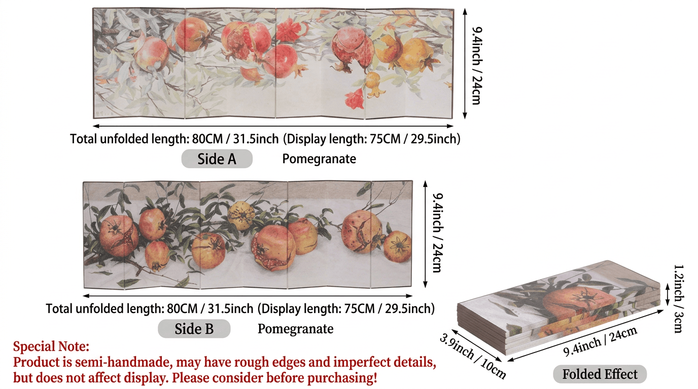 Rin Essense Japanese Room Divider Folding Screen - Handcrafted Pomegranate Design