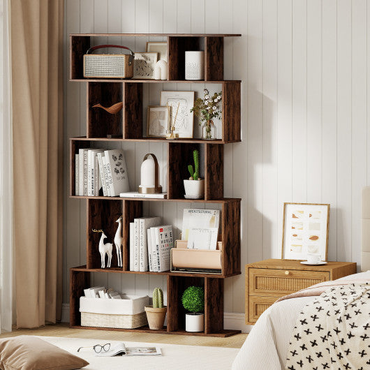 Geometric Bookshelf 5-Tier Bookcase with Open Shelves and Closed-back Cubes-Brown