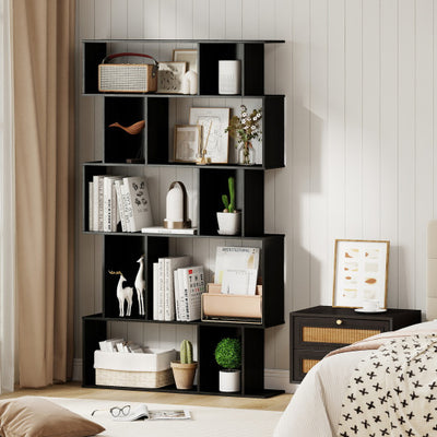 Geometric Bookshelf 5-Tier Bookcase with Open Shelves and Closed-back Cubes-Black