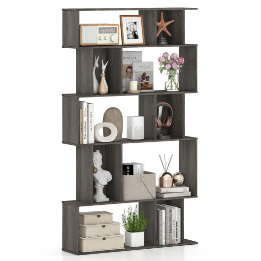 Geometric Bookshelf 5-Tier Bookcase with Open Shelves and Closed-back Cubes-Oak