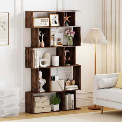 Geometric Bookshelf Set of 2 5-Tier Bookcase with Open Shelves and Closed-back Cubes-Brown