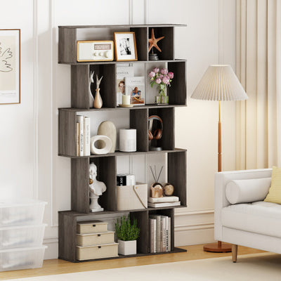 Geometric Bookshelf Set of 2 5-Tier Bookcase with Open Shelves and Closed-back Cubes-Oak