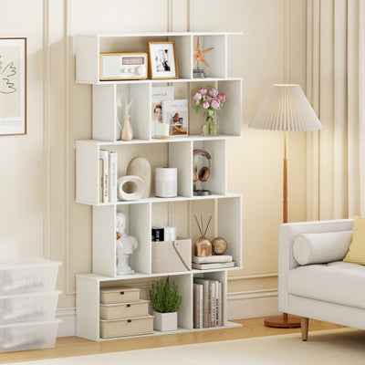 Geometric Bookshelf Set of 2 5-Tier Bookcase with Open Shelves and Closed-back Cubes-White