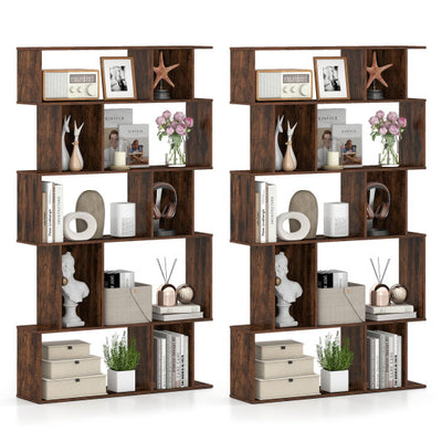Geometric Bookshelf Set of 2 5-Tier Bookcase with Open Shelves and Closed-back Cubes-Brown