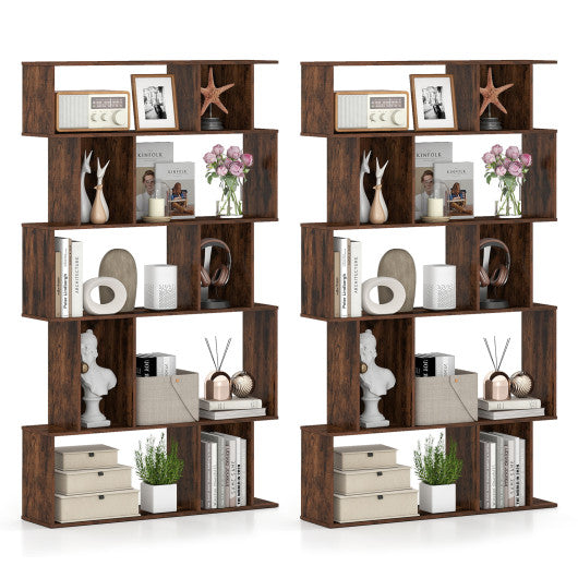 Geometric Bookshelf Set of 2 5-Tier Bookcase with Open Shelves and Closed-back Cubes-Brown