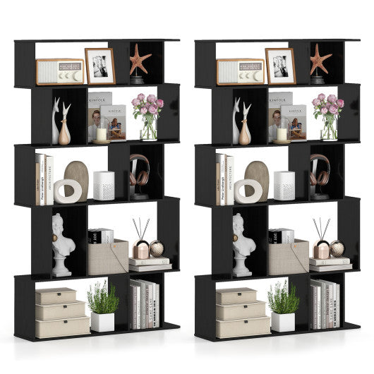 Geometric Bookshelf Set of 2 5-Tier Bookcase with Open Shelves and Closed-back Cubes-Black