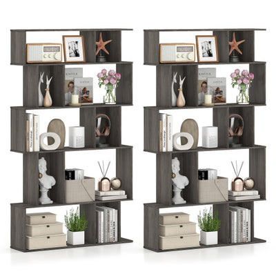 Geometric Bookshelf Set of 2 5-Tier Bookcase with Open Shelves and Closed-back Cubes-Oak