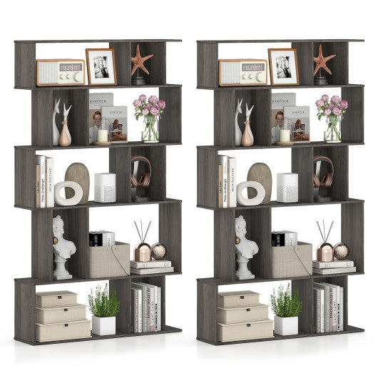 Geometric Bookshelf Set of 2 5-Tier Bookcase with Open Shelves and Closed-back Cubes-Oak