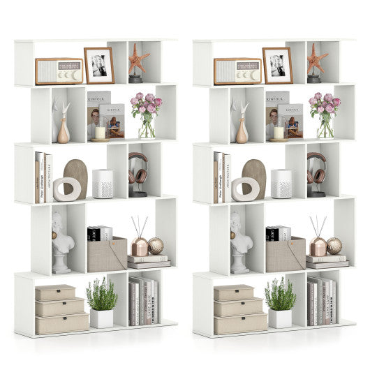 Geometric Bookshelf Set of 2 5-Tier Bookcase with Open Shelves and Closed-back Cubes-White